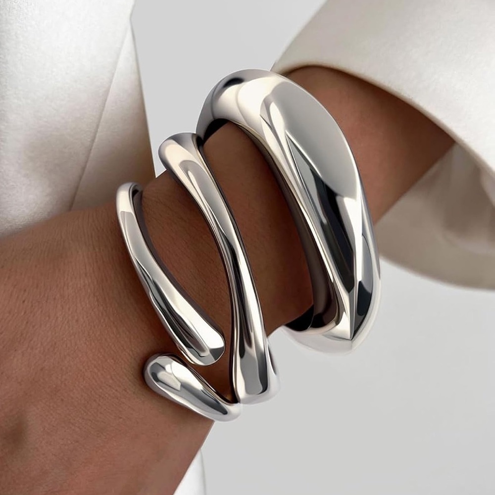 Silver Chunky Bangle Bracelet Set Size Large